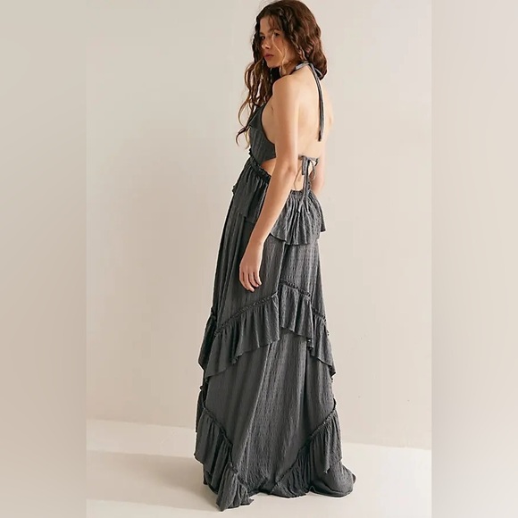 Free People Beach Santa Luz Gray Maxi Dress Ruffle Open Back Sz XS Beachy Vacay - Picture 2 of 7